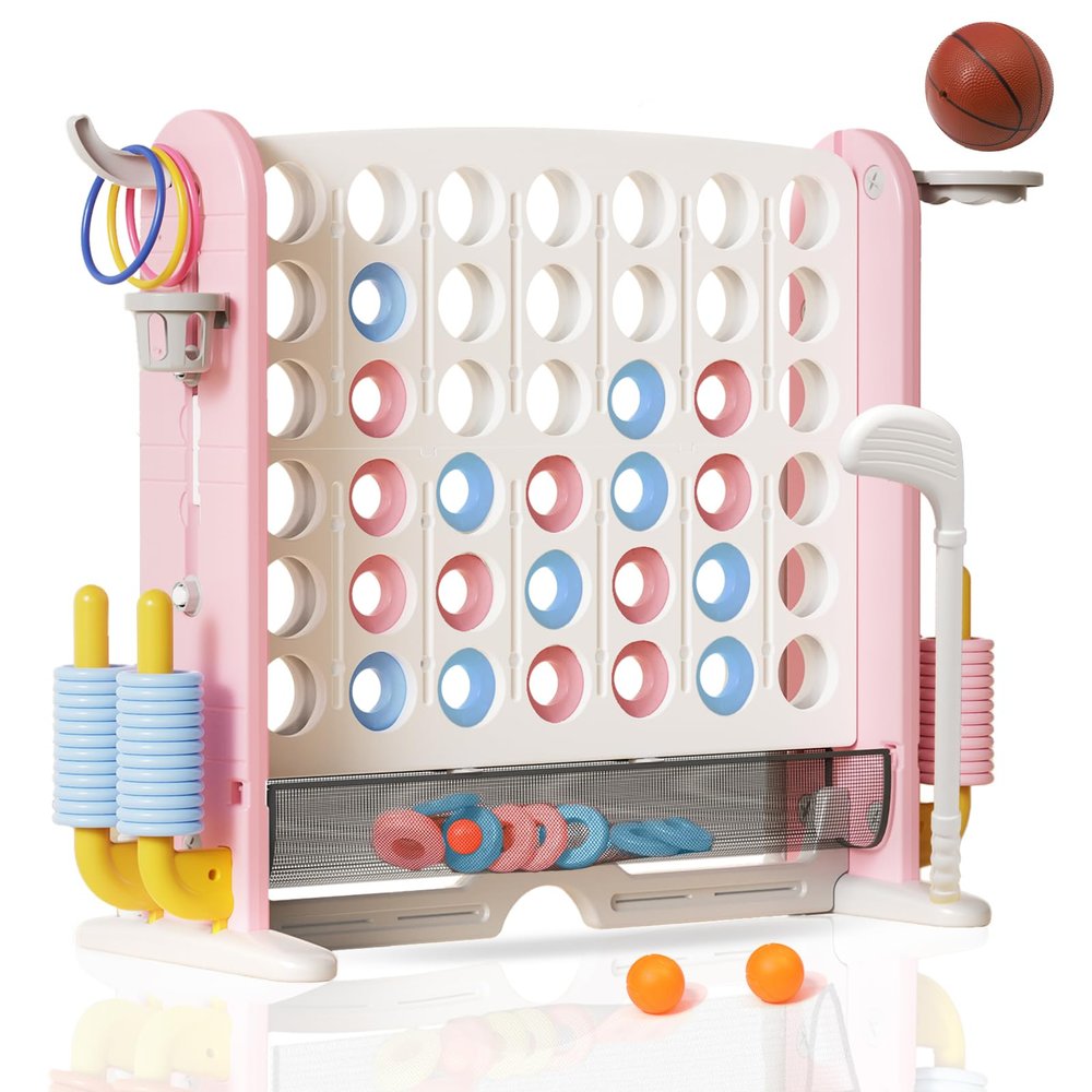 Giant 4-in-A-Row Connect Game Set, Adjustable Height Jumbo Yard Game with Golf, Basketball Hoop, Ring Toss & Mesh Pocket, Indoor & Outdoor Yard Connect Game for Kids Adults Family (pinkwhite)