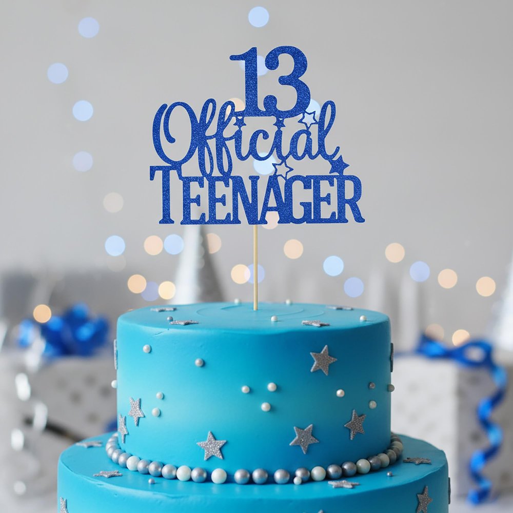 13 Official Teenager Cake Topper - Blue Glitter 13th Birthday Cake Decorations - Thirteenth Birthday Cake Toppers for Boys Girls