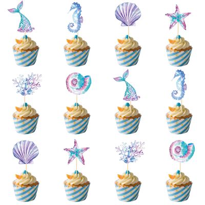 12-Pack Mermaid Cupcake Toppers - Glitter Under The Sea Cake Decorations - Mermaid Tail & Seahorse Party Supplies for Girls Birthday, Baby Shower & Ocean Theme Party