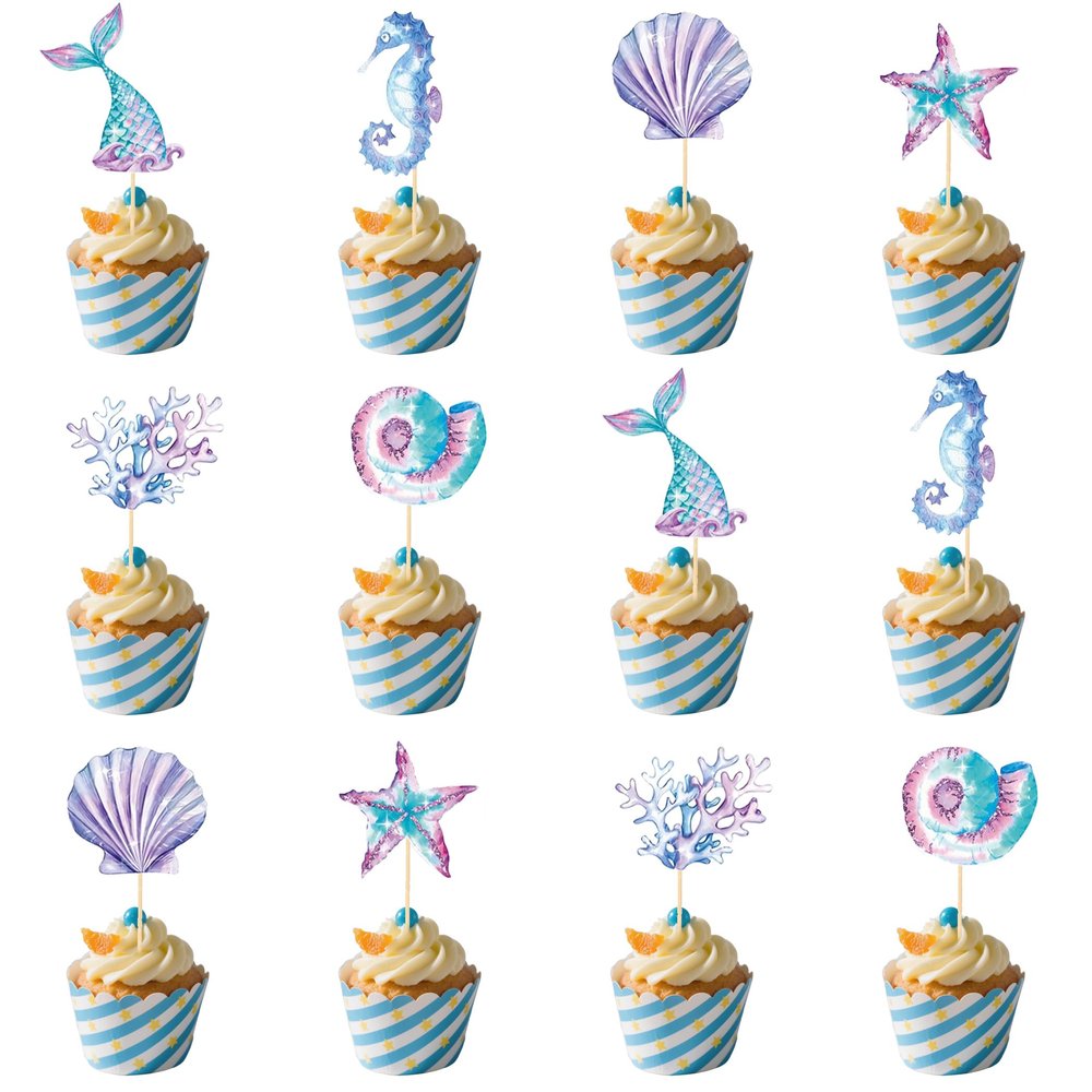 12-Pack Mermaid Cupcake Toppers - Glitter Under The Sea Cake Decorations - Mermaid Tail & Seahorse Party Supplies for Girls Birthday, Baby Shower & Ocean Theme Party