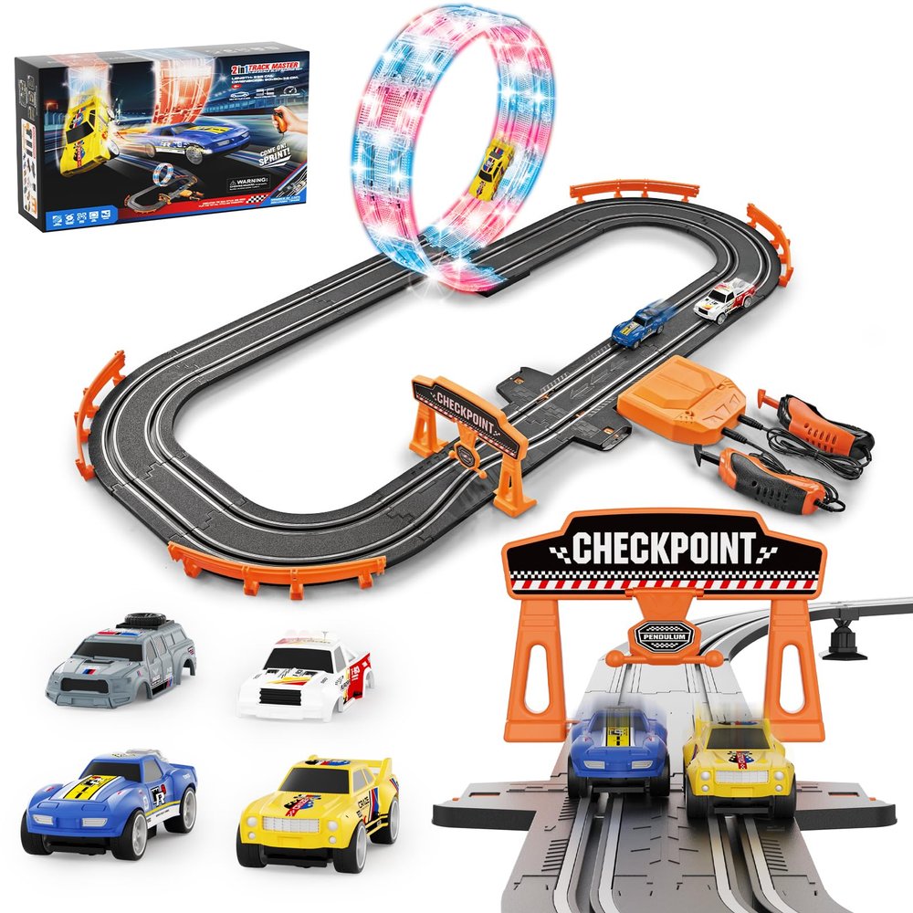 2-in-1 Slot Car Race Track Sets - Electric Race Car Track with 2 High-Speed Racing Cars, Dual Racing Game Lap Counter Circular Overpass Tracks, Remote Control Cars Toys/Gift for Boys Kids Ages 8-12