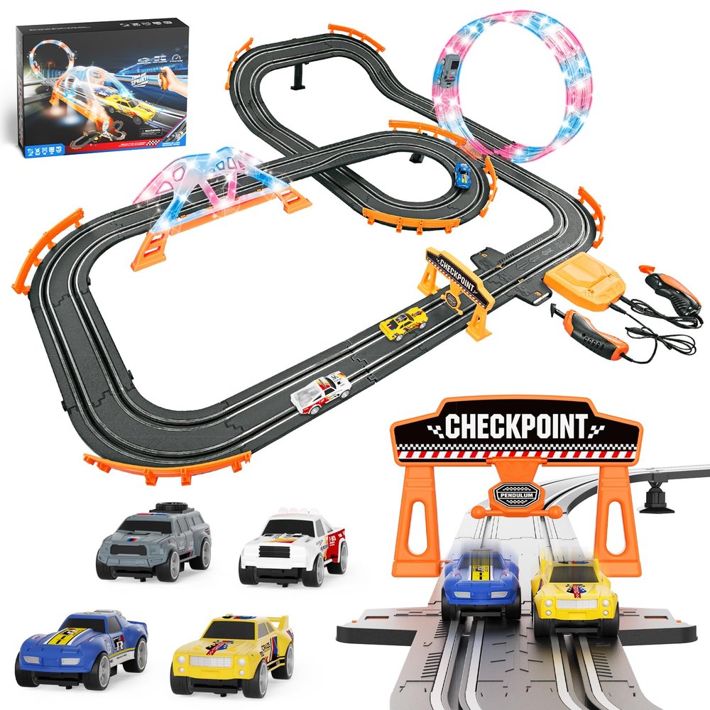2-in-1 Slot Car Race Track Sets - Electric Race Car Track with 4 High-Speed Racing Cars, Dual Racing Game Lap Counter Circular Overpass Tracks, Remote Control Cars Toys/Gift for Boys Kids Ages 8-12