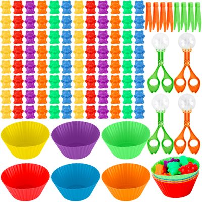 Feradny 120 Pcs Counting Sorting Bears Sensory Bin Tools Fine Motor Skills Includes 96 Cute Rainbow Sorting Bears 8 Tweezers 4 Scissors Clips and 12 Colorful Cups for Kid Early Skill Education