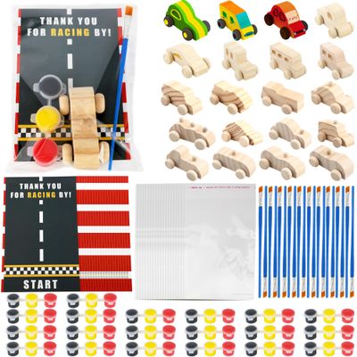 100 Pcs Race Car Painting Party Favors Kit Include 20 Unfinished Wood DIY Car Toys with 20 Watercolor Paint 20 Brushes 20 Thank You Cards and 20 Clear Packaging Bags for Kids Two Fast Party Supplies