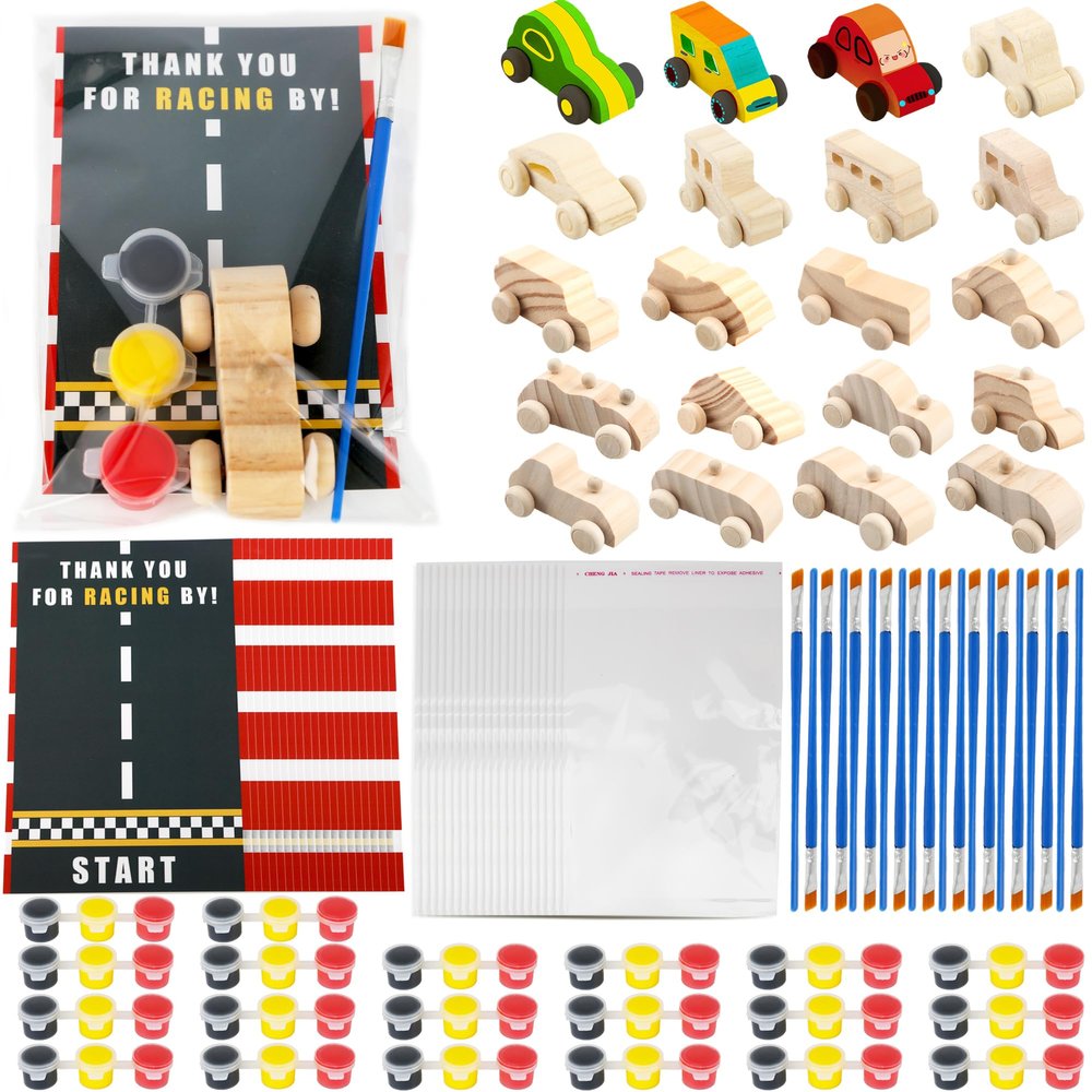 100 Pcs Race Car Painting Party Favors Kit Include 20 Unfinished Wood DIY Car Toys with 20 Watercolor Paint 20 Brushes 20 Thank You Cards and 20 Clear Packaging Bags for Kids Two Fast Party Supplies