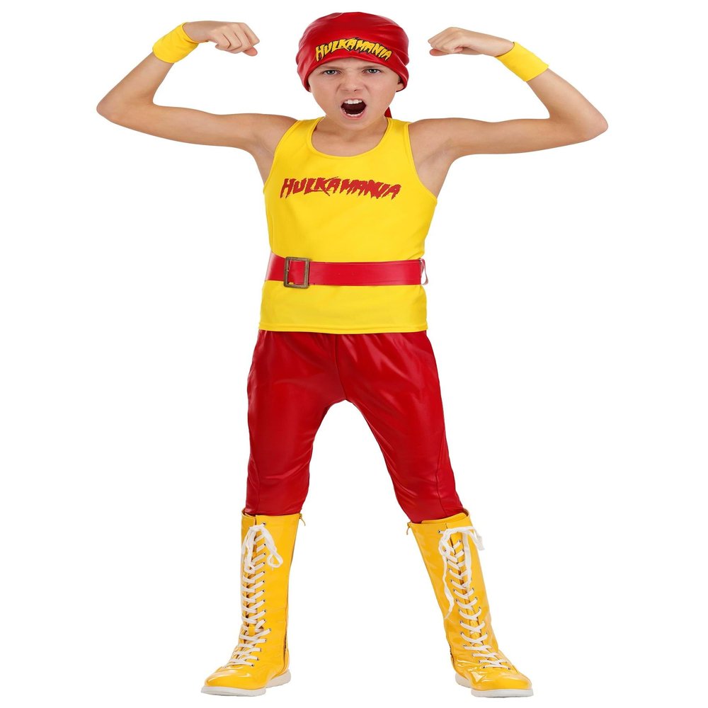 WWE Hulk Hogan Boys Costume with Shirt, Pants Belt, Bandana, and Wrist Cuffs for Kids | Wresting Halloween Outfit X-Large