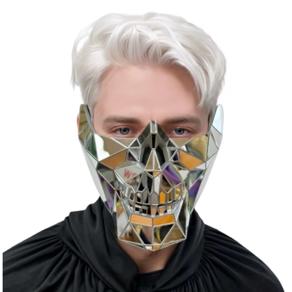 Beyond Collectibles Futuristic Polygon Mirror Geometric Skull Mask Half Face Mask (Silver)