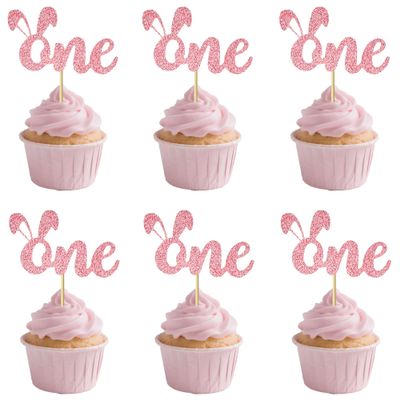 12 PCS Pink One Cupcake Decorations - Easter Bunny Theme Cupcake Toppers, Suitable for First Birthdays, Baby Showers, Girls' Birthday Party Cupcake Decor
