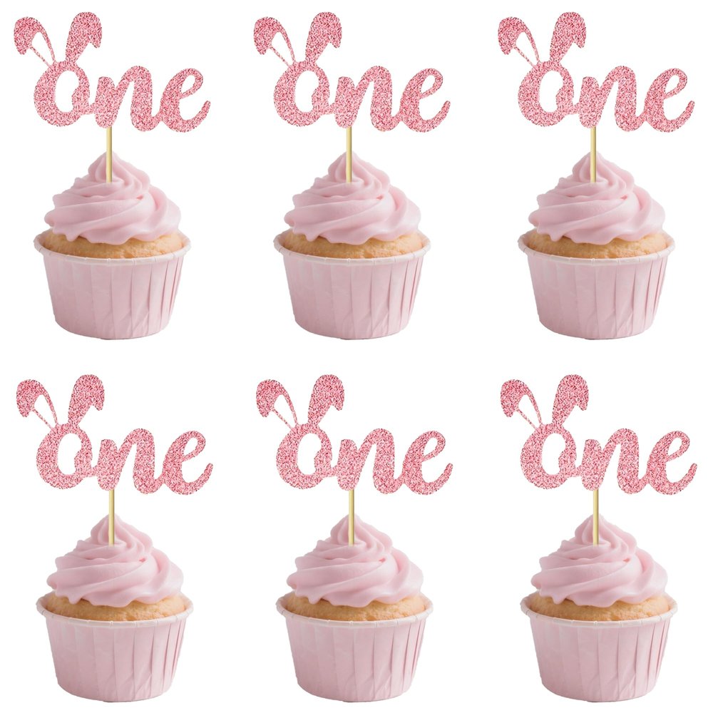 12 PCS Pink One Cupcake Decorations - Easter Bunny Theme Cupcake Toppers, Suitable for First Birthdays, Baby Showers, Girls' Birthday Party Cupcake Decor