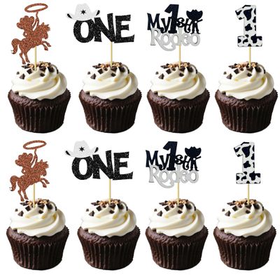 12 Pcs Cowboy "One" Cupcake Toppers, Western Cowboy Style Cake Decorations for Kids' 1st Birthday Parties,Dessert Table Cupcake Decor Supplies