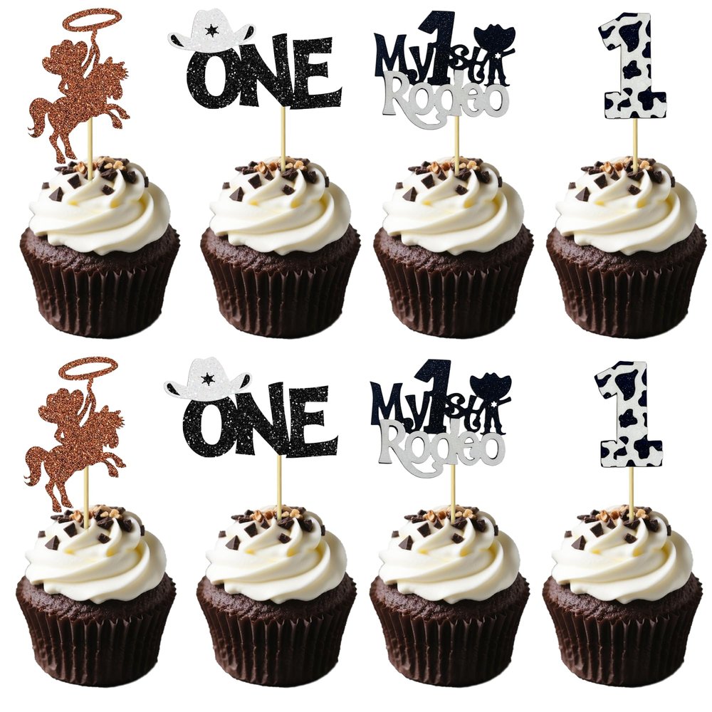 12 Pcs Cowboy "One" Cupcake Toppers, Western Cowboy Style Cake Decorations for Kids' 1st Birthday Parties,Dessert Table Cupcake Decor Supplies