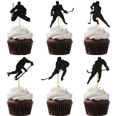 12-Piece Black Glitter Hockey Players Cupcake Toppers - Ice Hockey Sports Theme CupCake Decorations, Boys & Girls Birthday Party Cupcake Decor Supplies