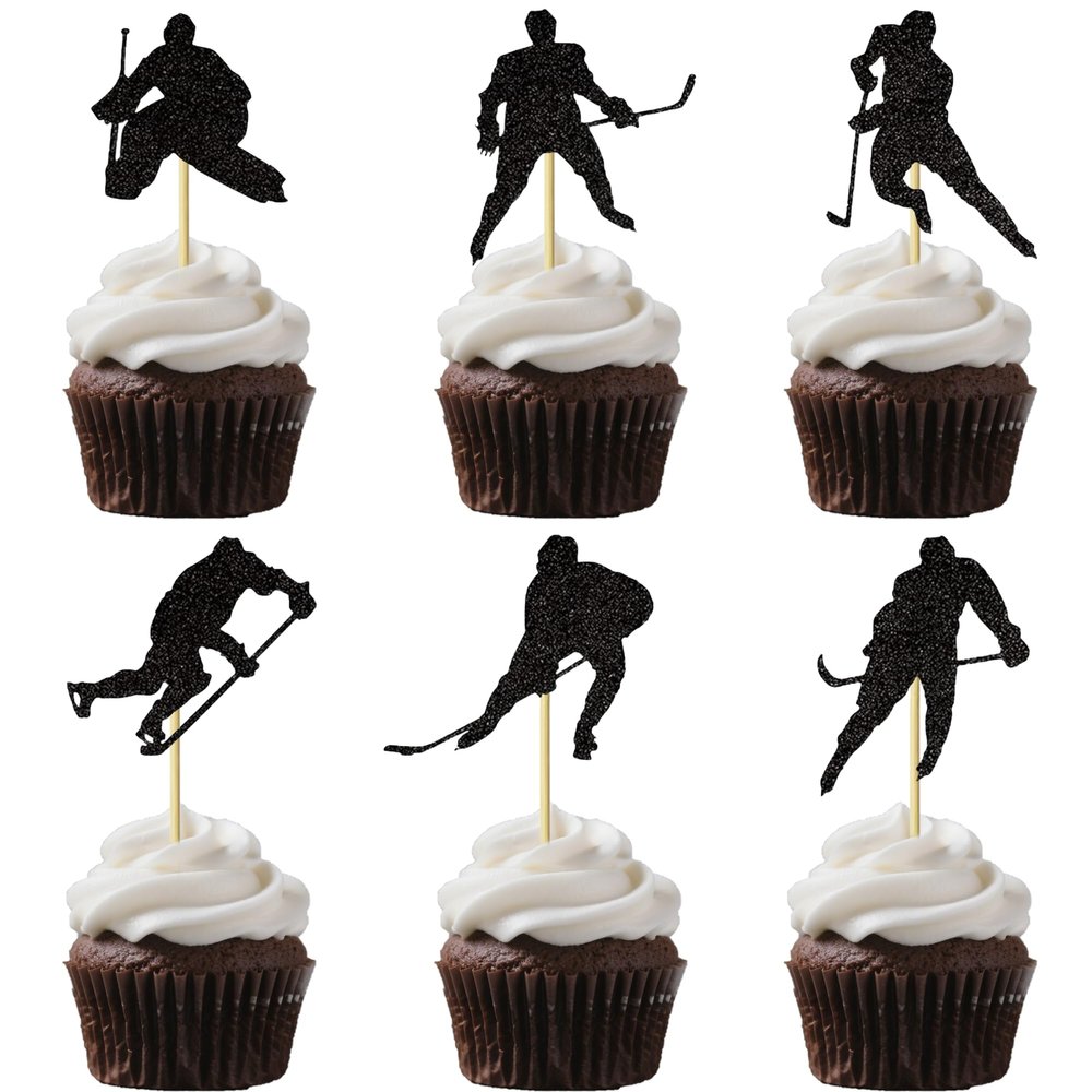 12-Piece Black Glitter Hockey Players Cupcake Toppers - Ice Hockey Sports Theme CupCake Decorations, Boys & Girls Birthday Party Cupcake Decor Supplies