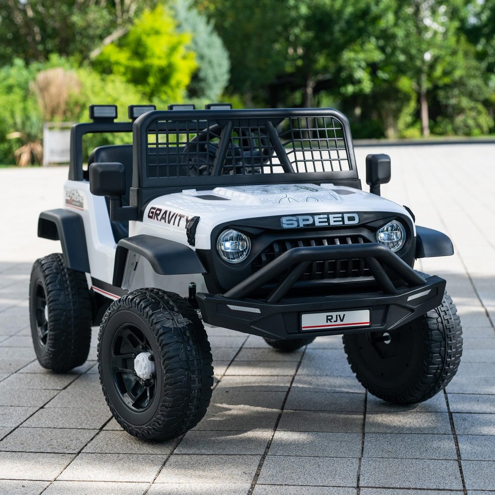 12V 7AH 4WD Kids Ride-On Truck, Electric Off-Road Car with Remote & Pedal Control, LED Lights, Music, USB, Safety Belt, 4-Wheel Suspension, Adjustable Speeds, Outdoor Gift for Boys Girls, White