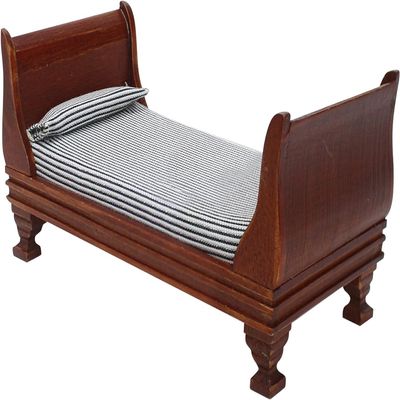 1:12 Scale Doll House Miniature Single Bed with Bedding Fabric & Pillow, Wooden Vintage Victorian European Style Bedroom Furniture Decor Christmas Accessories, Mini Sleigh Bed for 6 Inch Dolls