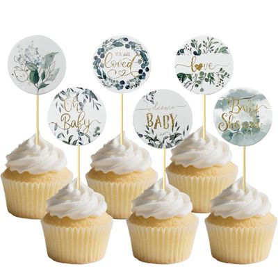 12 PCS Baby Showers Cupcake Toppers - Ink And Wash Floral Themed Cupcake Decor, Suitable for Baby Gender Reveal, Boys' And Girls' Birthday Party Cake Decorations