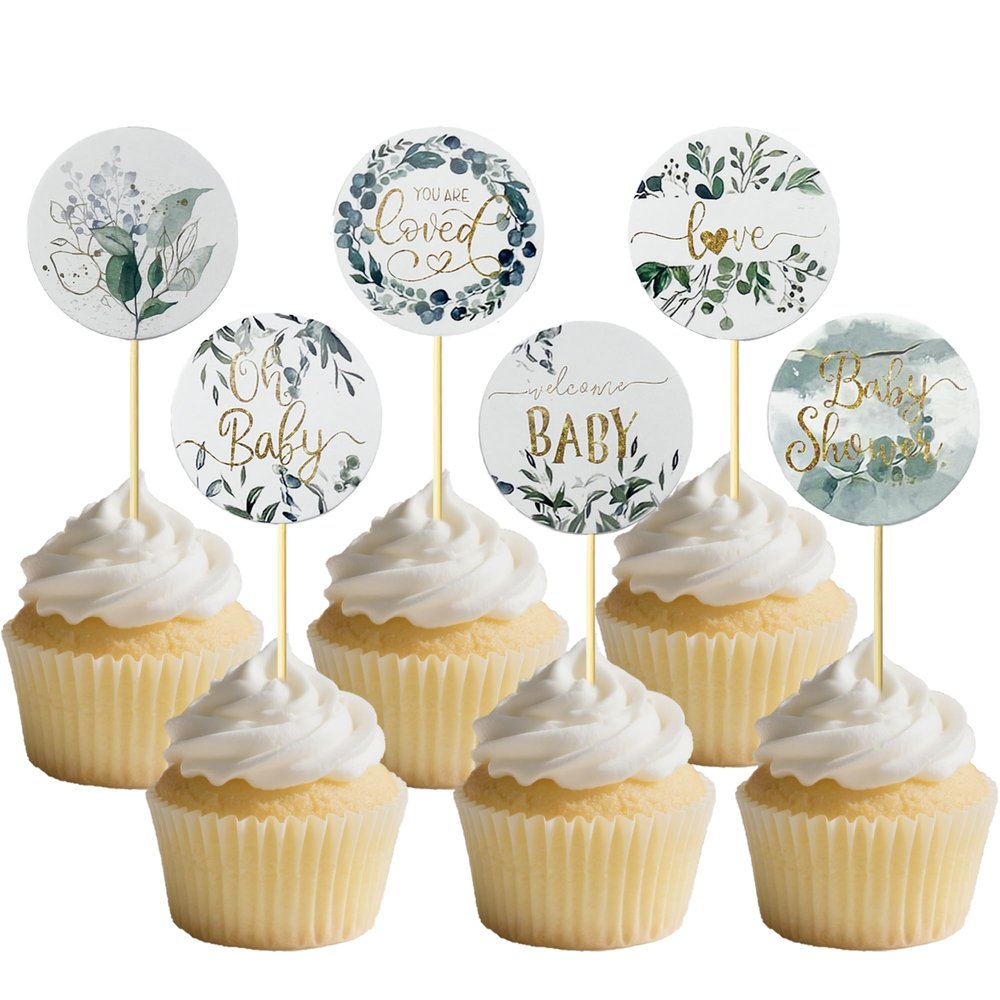 12 PCS Baby Showers Cupcake Toppers - Ink And Wash Floral Themed Cupcake Decor, Suitable for Baby Gender Reveal, Boys' And Girls' Birthday Party Cake Decorations