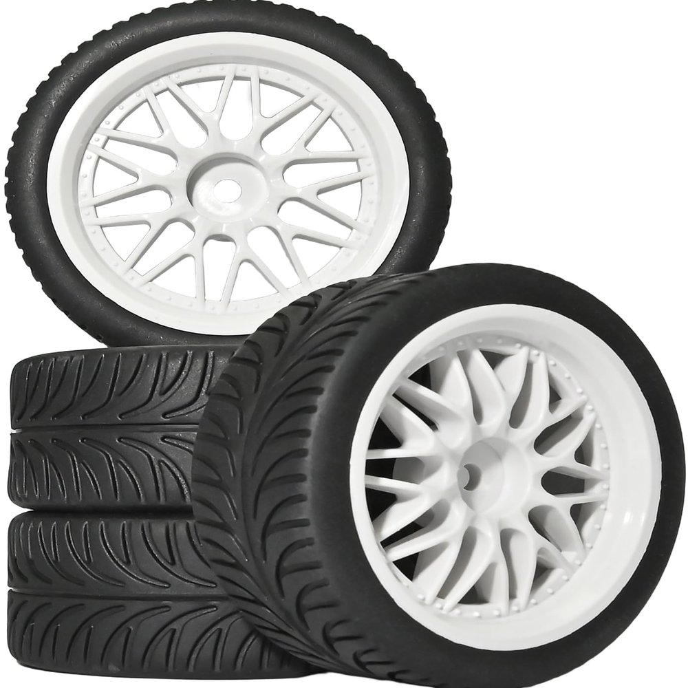 4PCS 1/10 RC On Road Tires and Wheels, Soft Rubber Touring Tires Foam Insert and Nylon Wheels with 12mm Hex Fits for 1/10 Tamiya HPS HPI KYOSHO Traxxas XV02 XV01 TT01 TT02 PTG2 A959 On Road Tyres