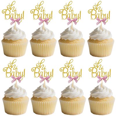 12 PCS Oh Baby Cupcake Decorations - Gold Glitter with Pink Bow Cupcake Toppers, Gender Reveal Theme, Baby Birthday Party Cupcake Decor Supplies