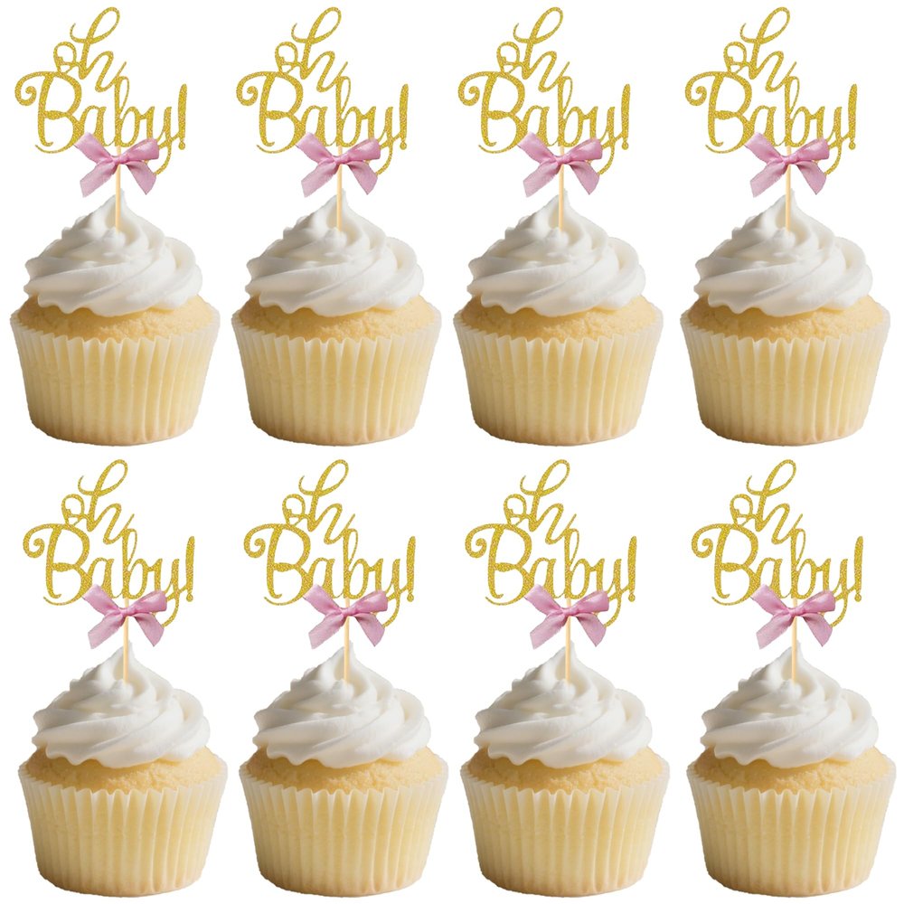 12 PCS Oh Baby Cupcake Decorations - Gold Glitter with Pink Bow Cupcake Toppers, Gender Reveal Theme, Baby Birthday Party Cupcake Decor Supplies