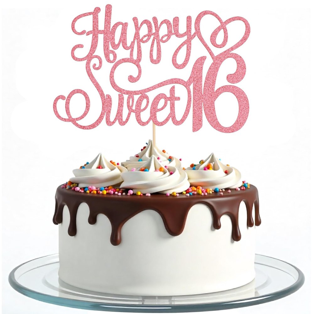 16th Birthday Cake Decoration, Sweet 16 Cake Topper Rose Gold Birthday Cake Topper Glittery for Sweet 16 Party Celebrations Celebrating Anniversary Party Decoration