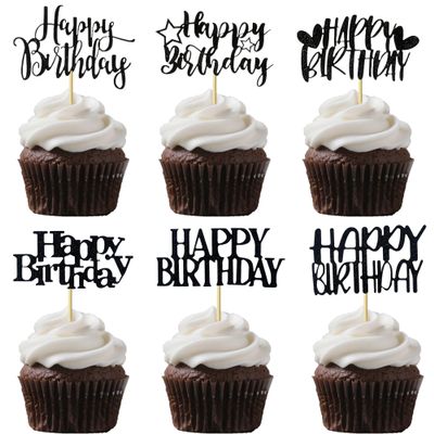 12 PCS Happy Birthday Cake Toppers, Black Glitter Celebration Cake Decor, Suitable Cake Decoration Supplies for All Ages