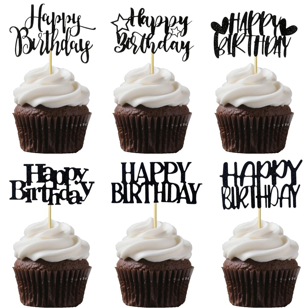 12 PCS Happy Birthday Cake Toppers, Black Glitter Celebration Cake Decor, Suitable Cake Decoration Supplies for All Ages