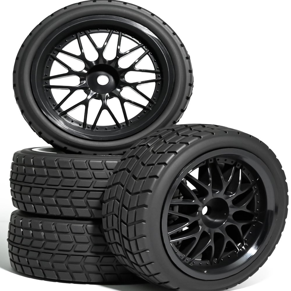 4PCS 1/10 RC On Road Tires and Wheels, Soft Rubber Touring Tires Foam Insert and Nylon Wheels with 12mm Hex Fits for 1/10 Tamiya HPS HPI KYOSHO Traxxas XV02 XV01 TT01 TT02 PTG2 A959 On Road Tyres
