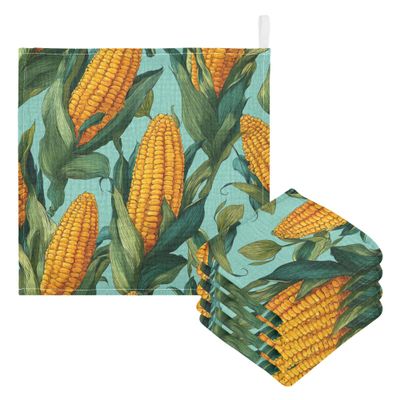 CUPADA 5 Pack Baby Washcloths Muslin Face Towels Corn Leaves Pattern Blue Absorbent Burp Wash Wipes Soft Towel for Newborn Infant