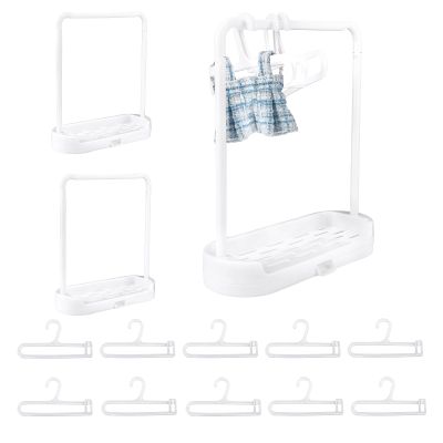 2pcs Doll Clothes Rack with 10pcs Hangers, Plastic Elegant White Doll Garment Rack Mini Closet for Dollhouse Accessory