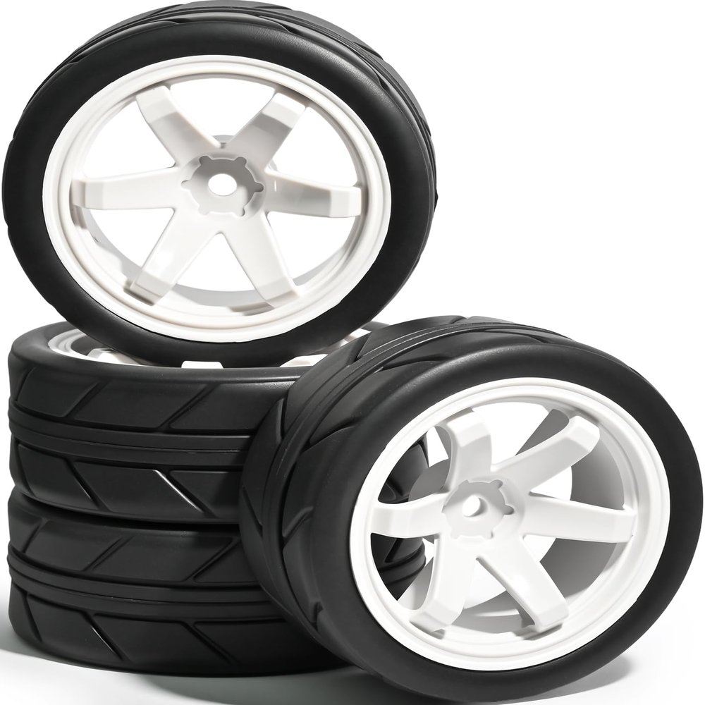 4PCS 1/10 RC On Road Tires and Wheels, Soft Rubber Tires and Nylon Wheel Rims with 12mm Hex Foam Insert Fits for 1/10 Tamiya HPS HPI KYOSHO Traxxas XV02 XV01 TT01 TT02 PTG2 A959 On-Road Tyres