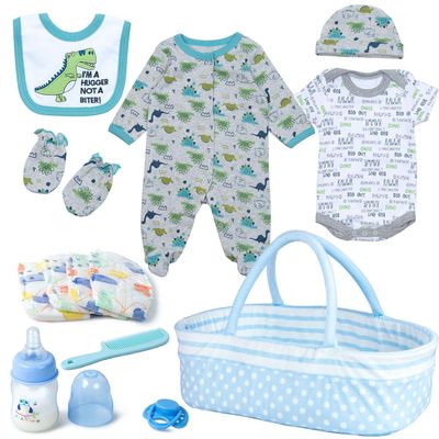 13 Pcs Reborn Baby Doll Clothes Dinosaur for 17-22 Inch Reborn Dolls Accessories Bodysuits +Bassinet+ Diaper Newborn Baby Doll Clothes Boy