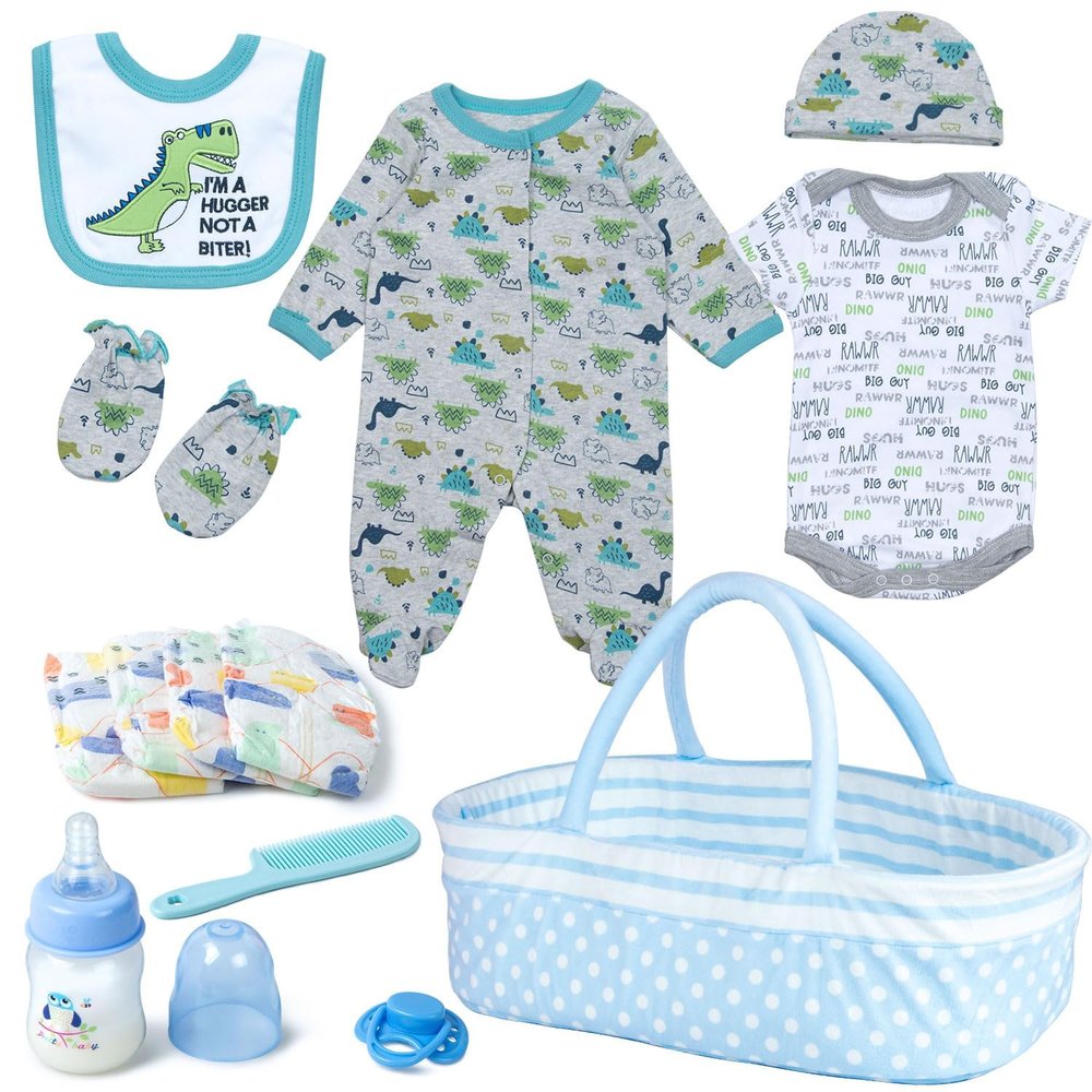 13 Pcs Reborn Baby Doll Clothes Dinosaur for 17-22 Inch Reborn Dolls Accessories Bodysuits +Bassinet+ Diaper Newborn Baby Doll Clothes Boy