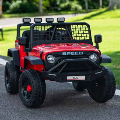 12V 7AH 4WD Kids Ride-On Truck, Electric Off-Road Car with Remote & Pedal Control, LED Lights, Music, USB, Safety Belt, 4-Wheel Suspension, Adjustable Speeds, Outdoor Gift for Boys Girls, Red