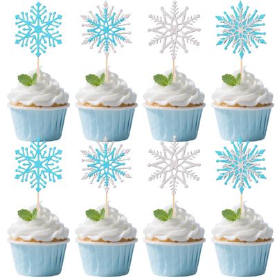 12 PCS Silver Blue Snowflake Cupcake Toppers - Winter Theme CupCake Decorations, Snowflake Theme, Boys and Girls Birthday Christmas Party CupCake Decor Supplies
