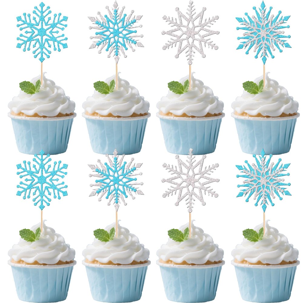 12 PCS Silver Blue Snowflake Cupcake Toppers - Winter Theme CupCake Decorations, Snowflake Theme, Boys and Girls Birthday Christmas Party CupCake Decor Supplies