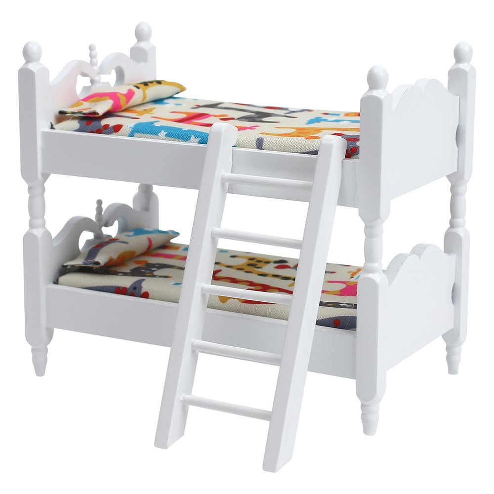 1:12 Scale Dollhouse Bunkbed Wooden Furniture Set with Ladder  Mini Double Bed Room Decor Accessories, Bunk Beds DIY Scene Decoration Kit for Miniature Doll House Bedroom Ornament Accessory