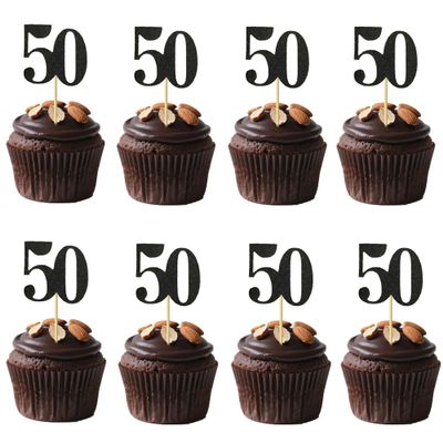 10 PCS Black 50th Birthday Cupcake Decorations - Glitter Number 50 Cupcake Decor, Celebrate 50th Birthday, Anniversary Party Cupcake Toppers