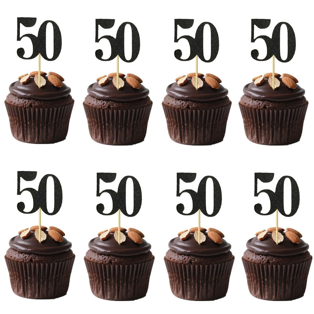 10 PCS Black 50th Birthday Cupcake Decorations - Glitter Number 50 Cupcake Decor, Celebrate 50th Birthday, Anniversary Party Cupcake Toppers