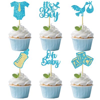 12 PCS Baby Boy Christening Cupcake Toppers - Blue Glitter Gender Reveal Cupcake Decorations with Tie, Onesie & Bottle Designs for Birthday Party Cupcake Decor
