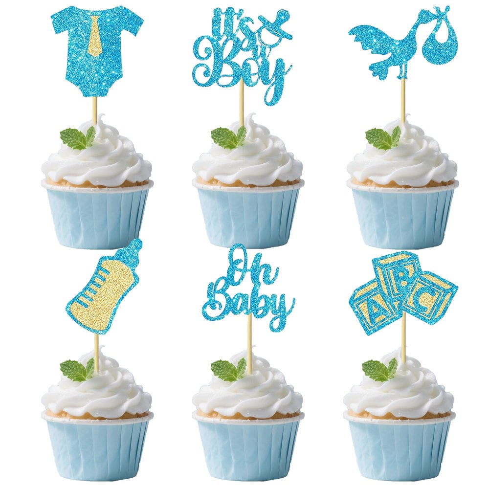 12 PCS Baby Boy Christening Cupcake Toppers - Blue Glitter Gender Reveal Cupcake Decorations with Tie, Onesie & Bottle Designs for Birthday Party Cupcake Decor