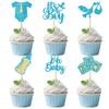 12 PCS Baby Boy Christening Cupcake Toppers - Blue Glitter Gender Reveal Cupcake Decorations with Tie, Onesie & Bottle Designs for Birthday Party Cupcake Decor view 1