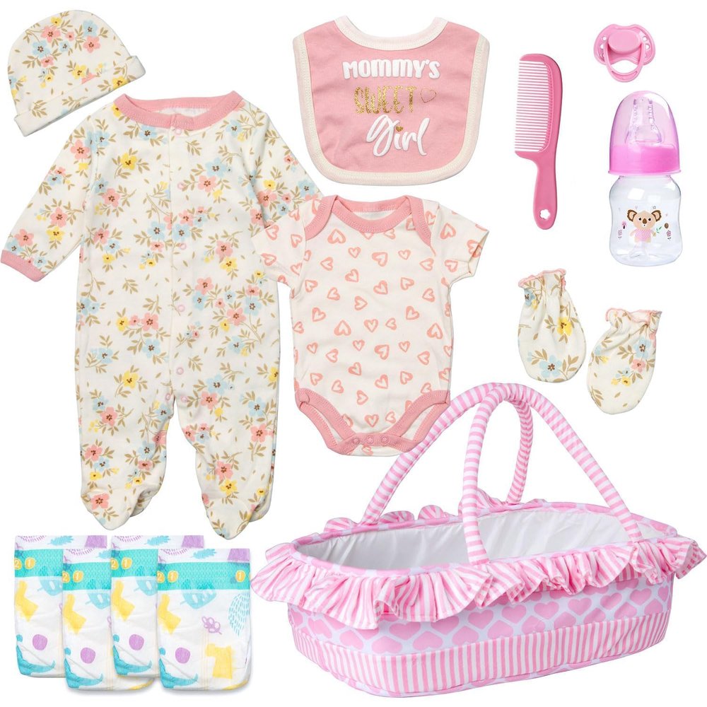 13 Pcs Reborn Baby Doll Clothes with Bassinet Pacifier Diaper fit 17-22 inch Reborn Dolls Cute Pink Baby Doll Clothes Accessories Set
