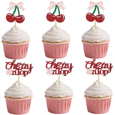 12 PCS Cherry Cupcake Toppers - Red Glitter Fruit Theme Cupcake Decorations, Baby Shower, Girls Birthday Party, Bridal Shower Cupcake Decor Supplies