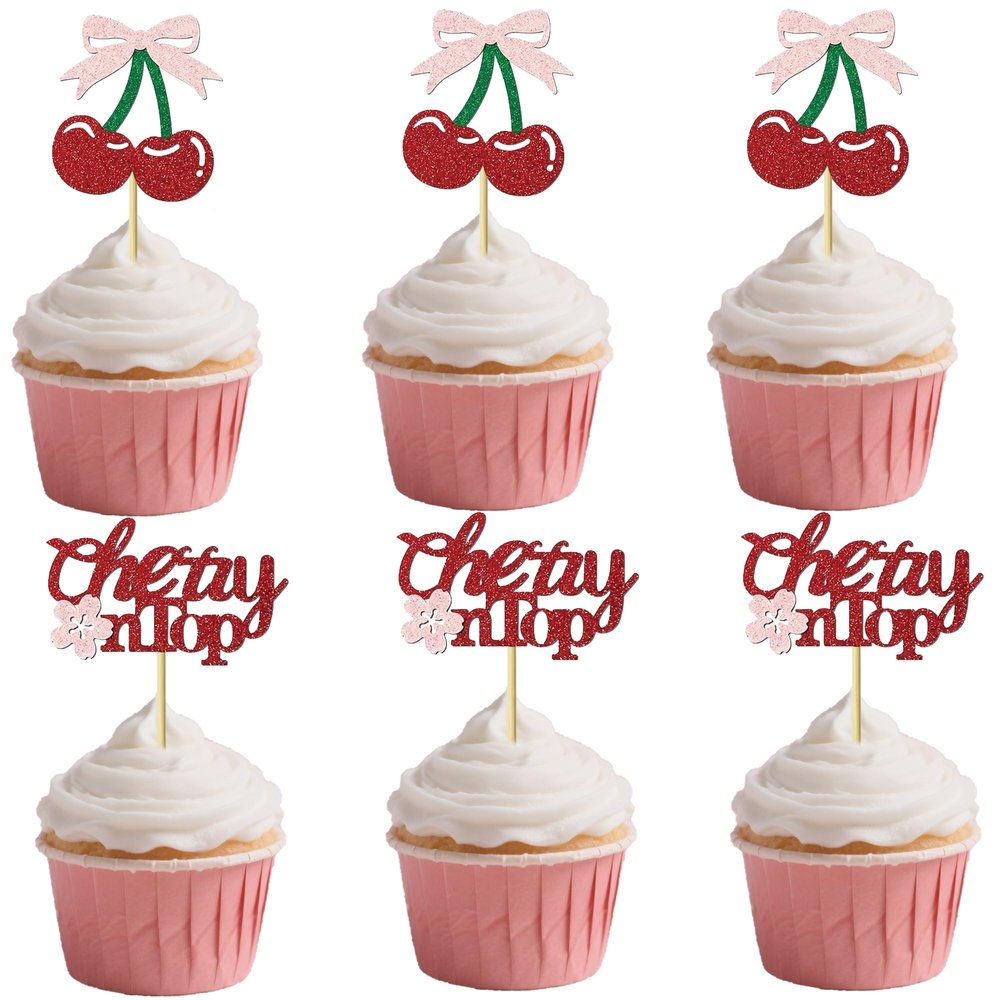 12 PCS Cherry Cupcake Toppers - Red Glitter Fruit Theme Cupcake Decorations, Baby Shower, Girls Birthday Party, Bridal Shower Cupcake Decor Supplies