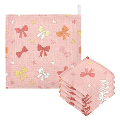 CUPADA 3 Pack Baby Washcloths Muslin Face Towels Colorful Bows on Pink Background Absorbent Soft Burp Wipe Towel Wash Wipes Infant Newborn Washcloth