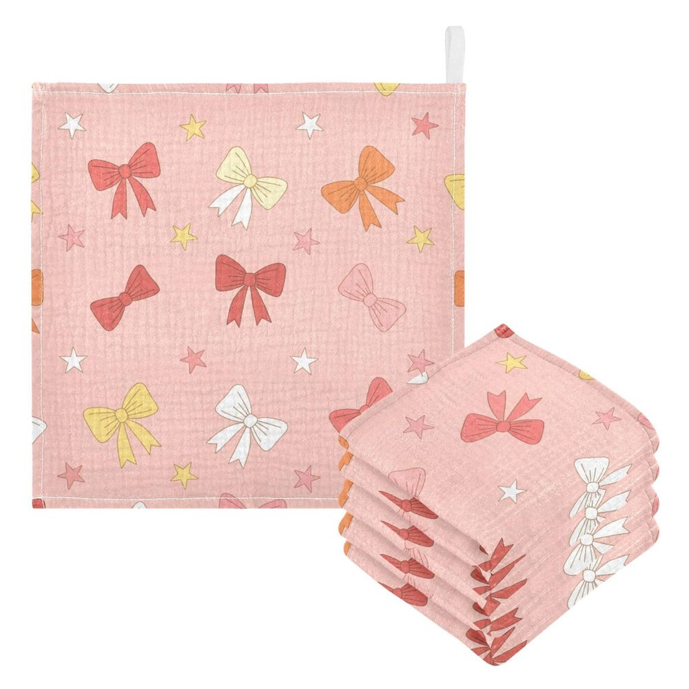 CUPADA 3 Pack Baby Washcloths Muslin Face Towels Colorful Bows on Pink Background Absorbent Soft Burp Wipe Towel Wash Wipes Infant Newborn Washcloth