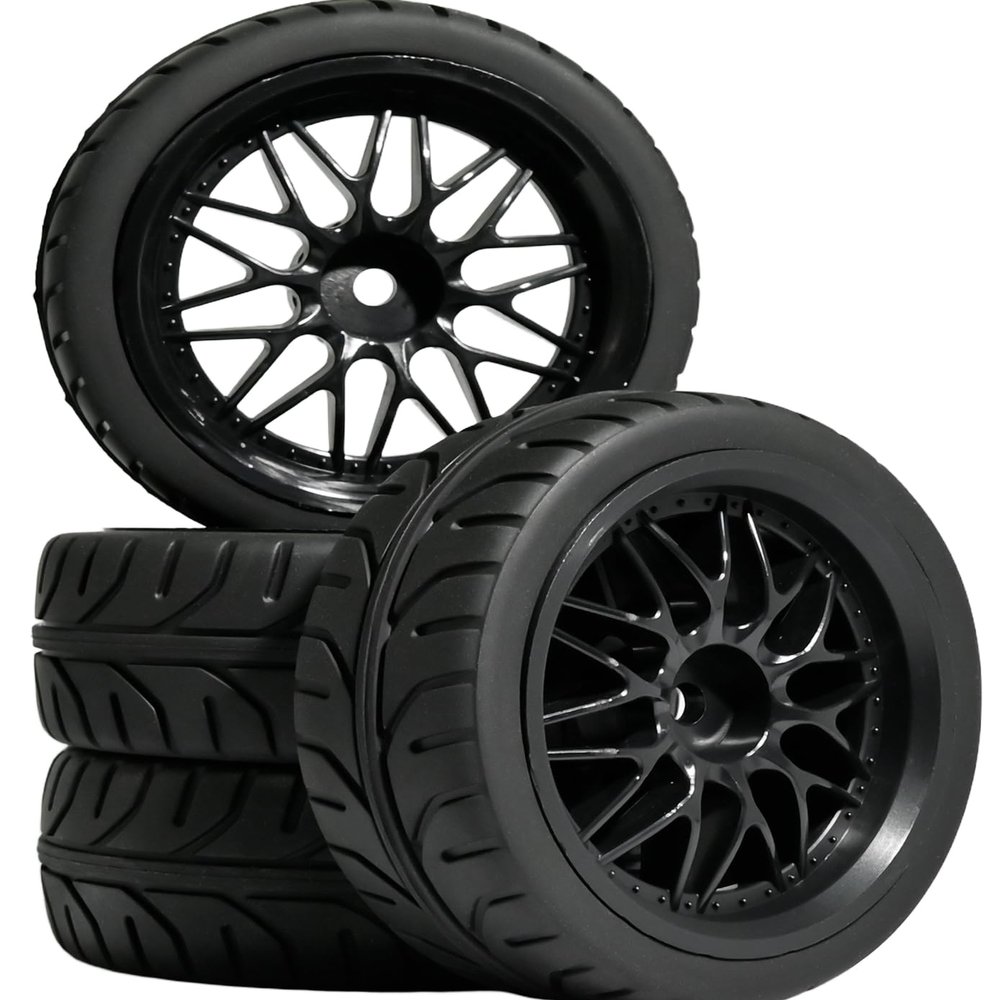 4PCS 1/10 RC On Road Tires and Wheels, Soft Rubber Touring Tires Foam Insert and Nylon Wheels with 12mm Hex Fits for 1/10 Tamiya HPS HPI KYOSHO Traxxas XV02 XV01 TT01 TT02 PTG2 A959 On Road Tyres