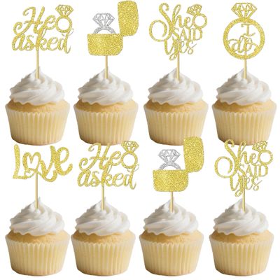 10 PCS He Asked She Said Yes Cupcake Toppers, Gold Glitter Cupcake Decorations, Suitable Party Cupcake Decor for Weddings & Bridal Showers