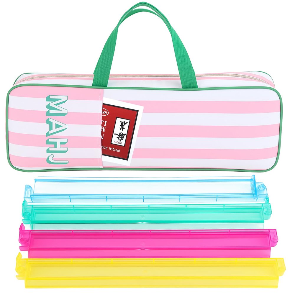 Aliceset Mahjong Rack Storage Bag 21 x 6.5 x 2 Inches Mahjong Gifts for Women Mah Jong Tile Bags with Zipper for Tiles and Pushers Rack Storage Bags Gifts Accessories(Only Bag)(Pink Stripes)